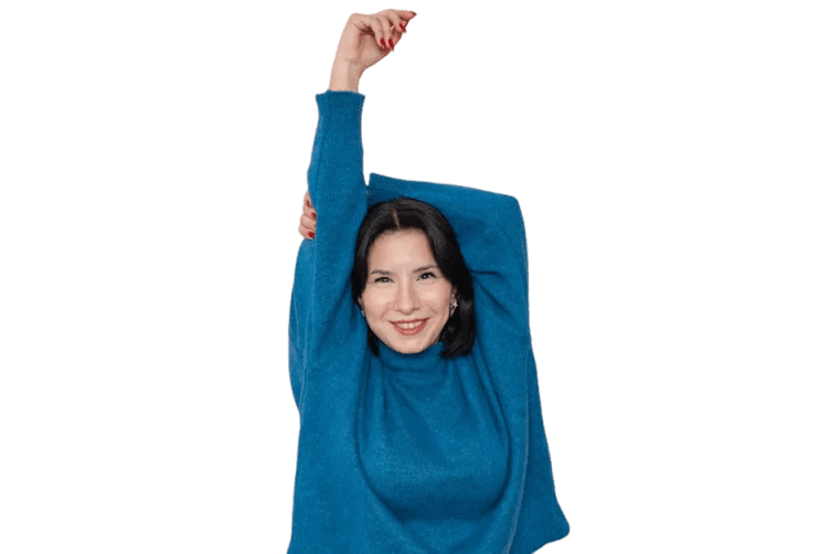 Smiling woman in blue sweater stretching arms
