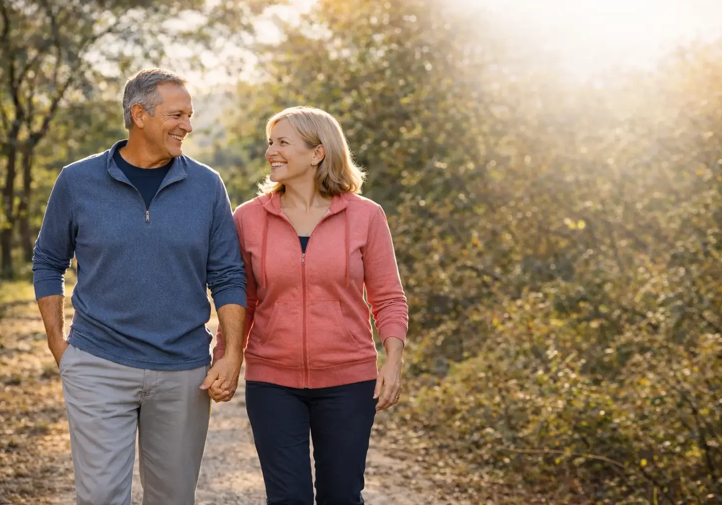 Smiling mature couple walking hand in hand